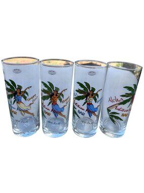 Set of 4 Aloha Tahitian Moon Bar 16 oz. Drinking Glasses w/Hula Dancer 6.5" Tall